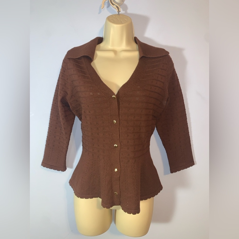 Love Scarlett Brown Button-Front pointelle Knit rugby Cardigan medium scalloped